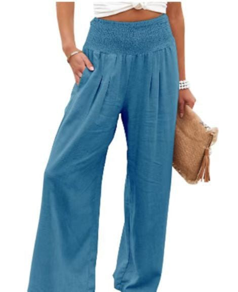 Damen weite Leinenhose mit elastischem Taillenbund und seitlichen Falten Drune
