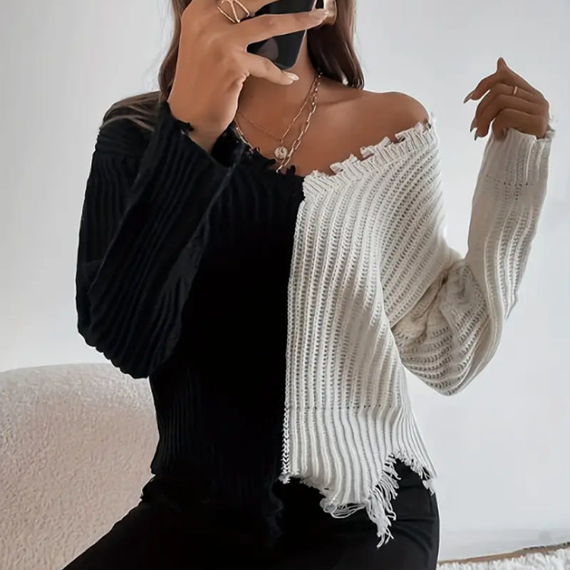 Damen Modischer Pullover mit asymmetrischem Design und Fransen Drune