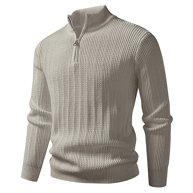 Herren nan feinstrukturierter Halbzip-Pullover mit Stehkragen, geripptem Strukturstrick und schmaler Passform Drune