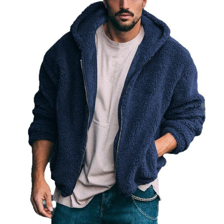 Herren nan Oversized Teddy-Fleece-Kapuzenjacke mit Utility-Ärmeltasche, Frontreißverschluss und elastischem Saum Drune