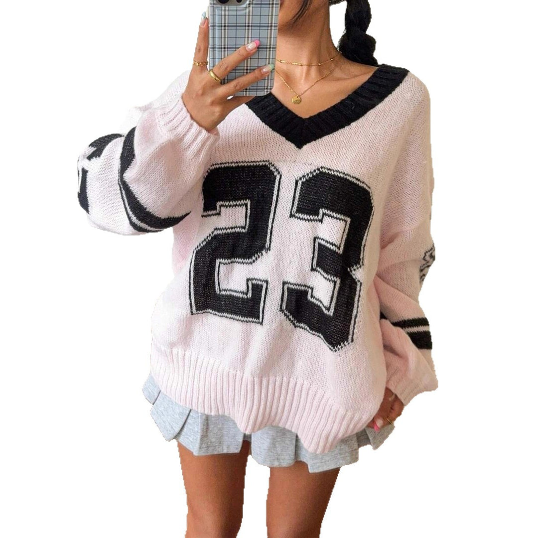Damen Sportlicher V-Ausschnitt Pullover im lässigen College-Stil Drune