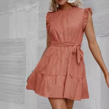 Damen Halbarmkleid mit Rüschendetails und Taillenknoten Drune