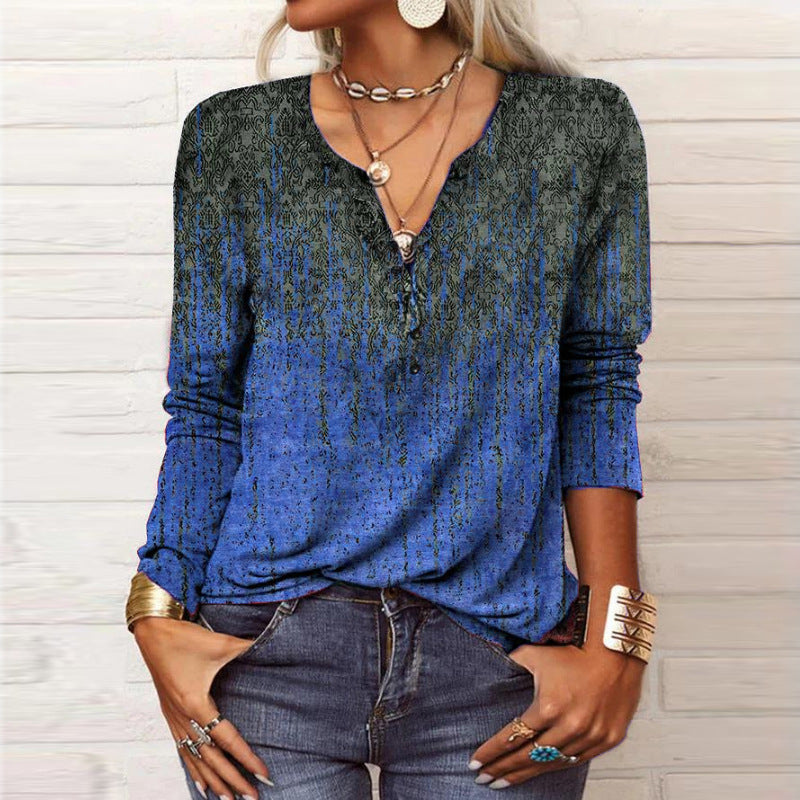 Damen Langarmshirt mit detailliertem Druck und Knopfleiste Drune