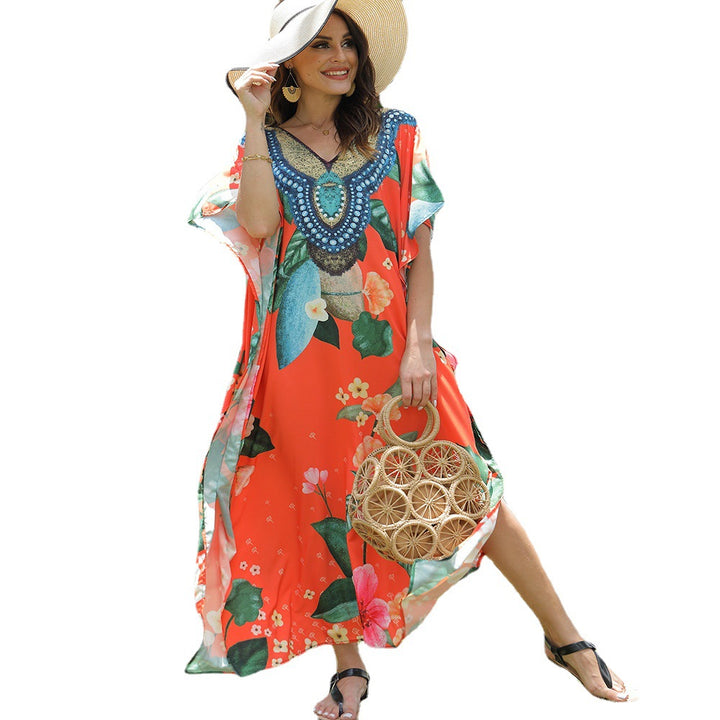 Damen Strandkaftan mit kunstvollem Blumenmuster und dekorativer Perlenverzierung Drune