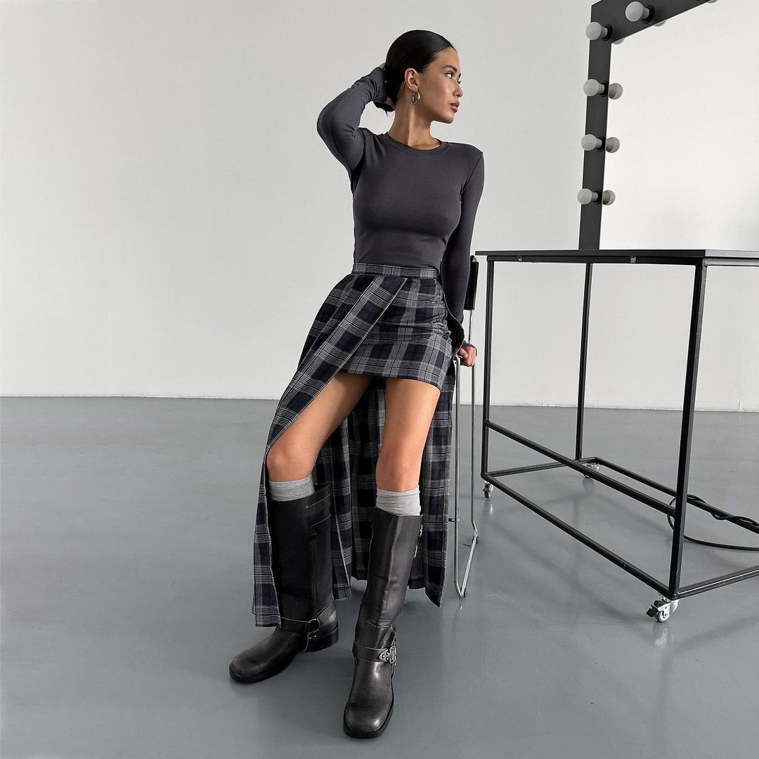 Damen Blazer-Rock-Kombination mit asymmetrischem Schnitt und grafischem Karomuster Drune