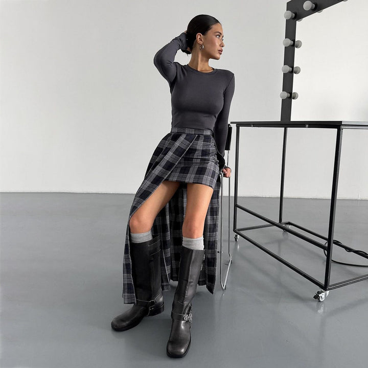 Damen Blazer-Rock-Kombination mit asymmetrischem Schnitt und grafischem Karomuster Drune