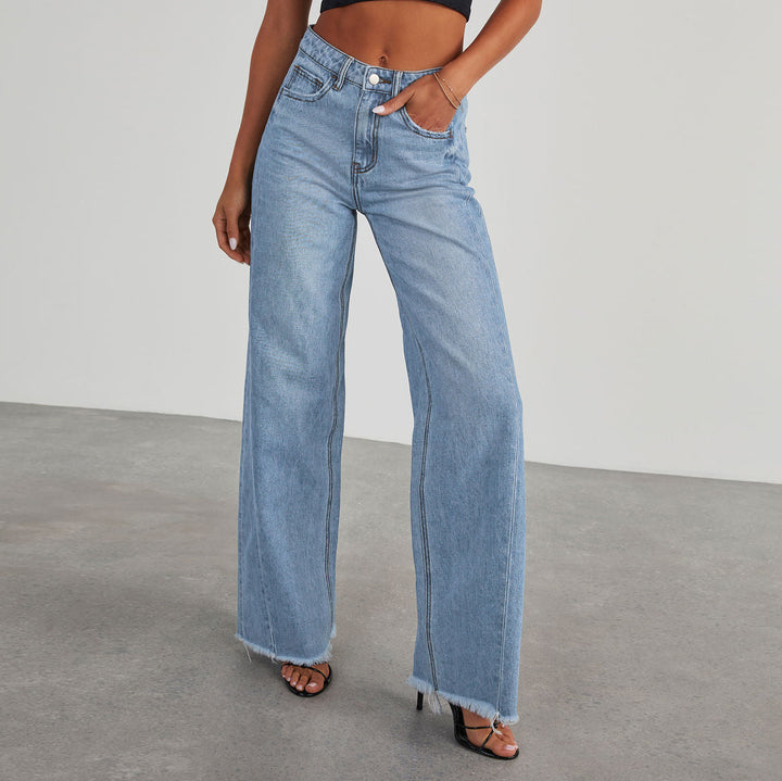 Damen Hochtaillierte Mom-Jeans im klassischen Schnitt mit ausgefranstem Saum Drune