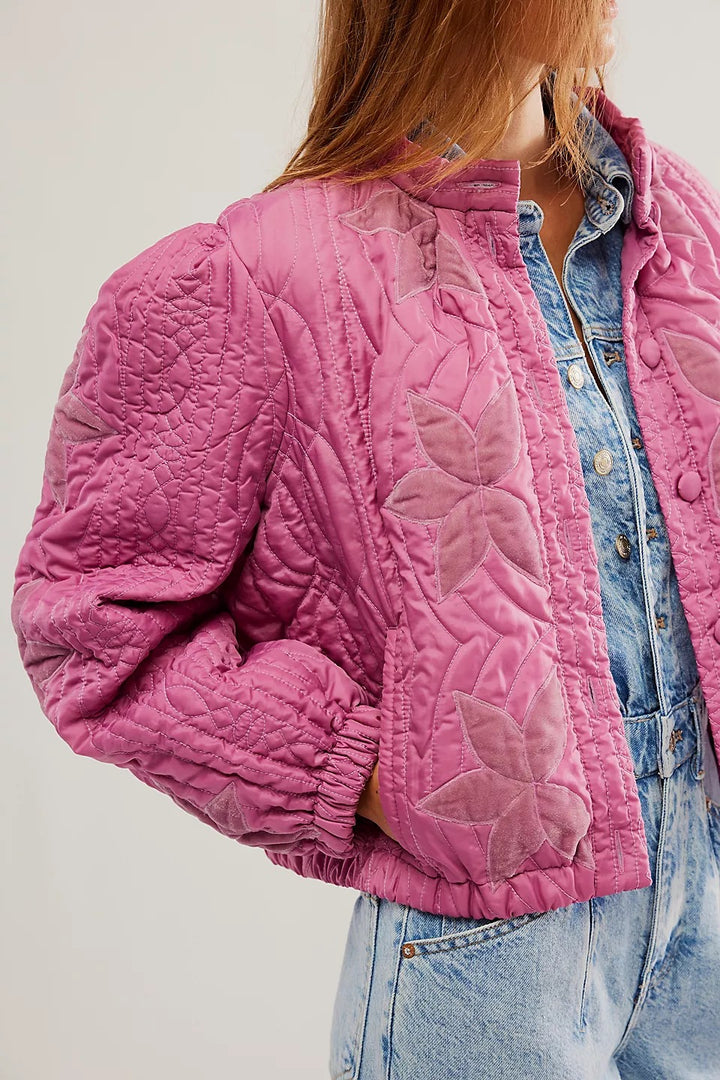 Damen gesteppte Bomberjacke mit floralem Design und elastischen Bündchen Drune