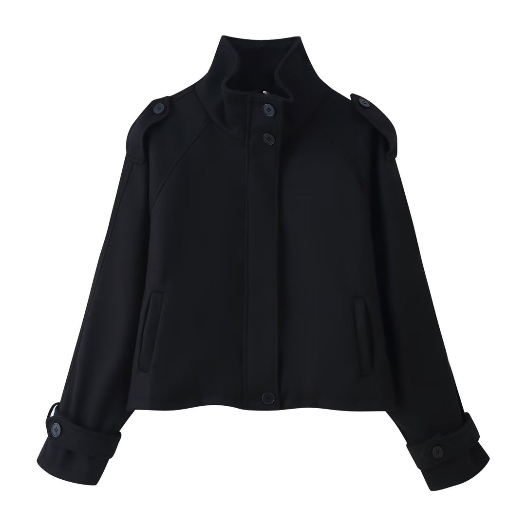 Damen nan kurze Wolljacke mit Stehkragen, Schulterklappen, verdeckter Knopfleiste und verstellbaren Manschetten Drune