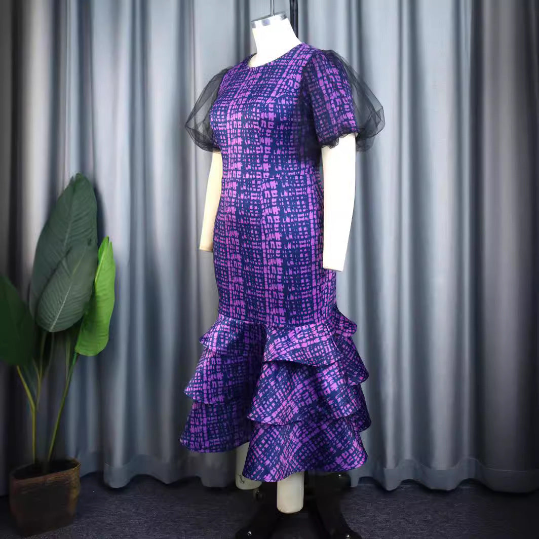 Damen Elegantes Kleid mit voluminösen Tüllärmeln und asymmetrischem Rüschenrock Drune