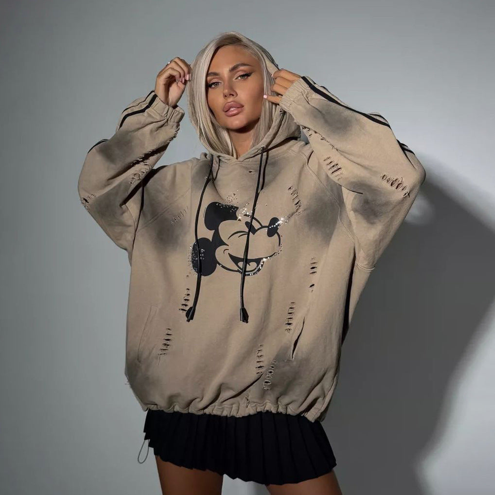 Damen Oversized Kapuzenpullover mit modischen Rissdetails und grafischem Print Drune