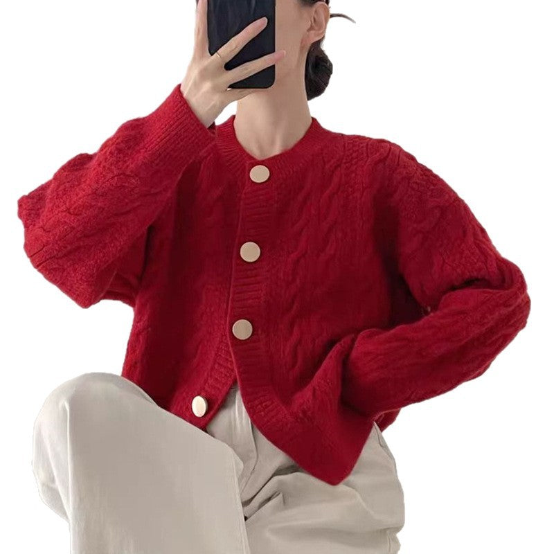 Damen Strickjacke mit Kabelmuster und großen Knopfdetails Drune
