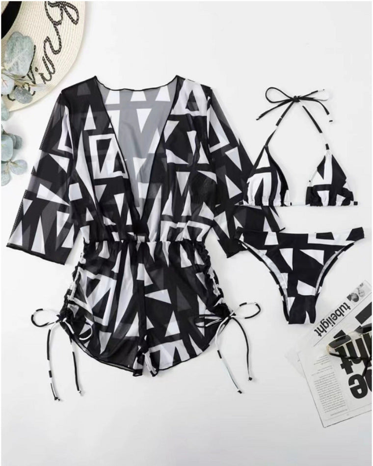 Damen Bikiniset mit transparentem Überwurf und modischem geometrischen Muster Drune