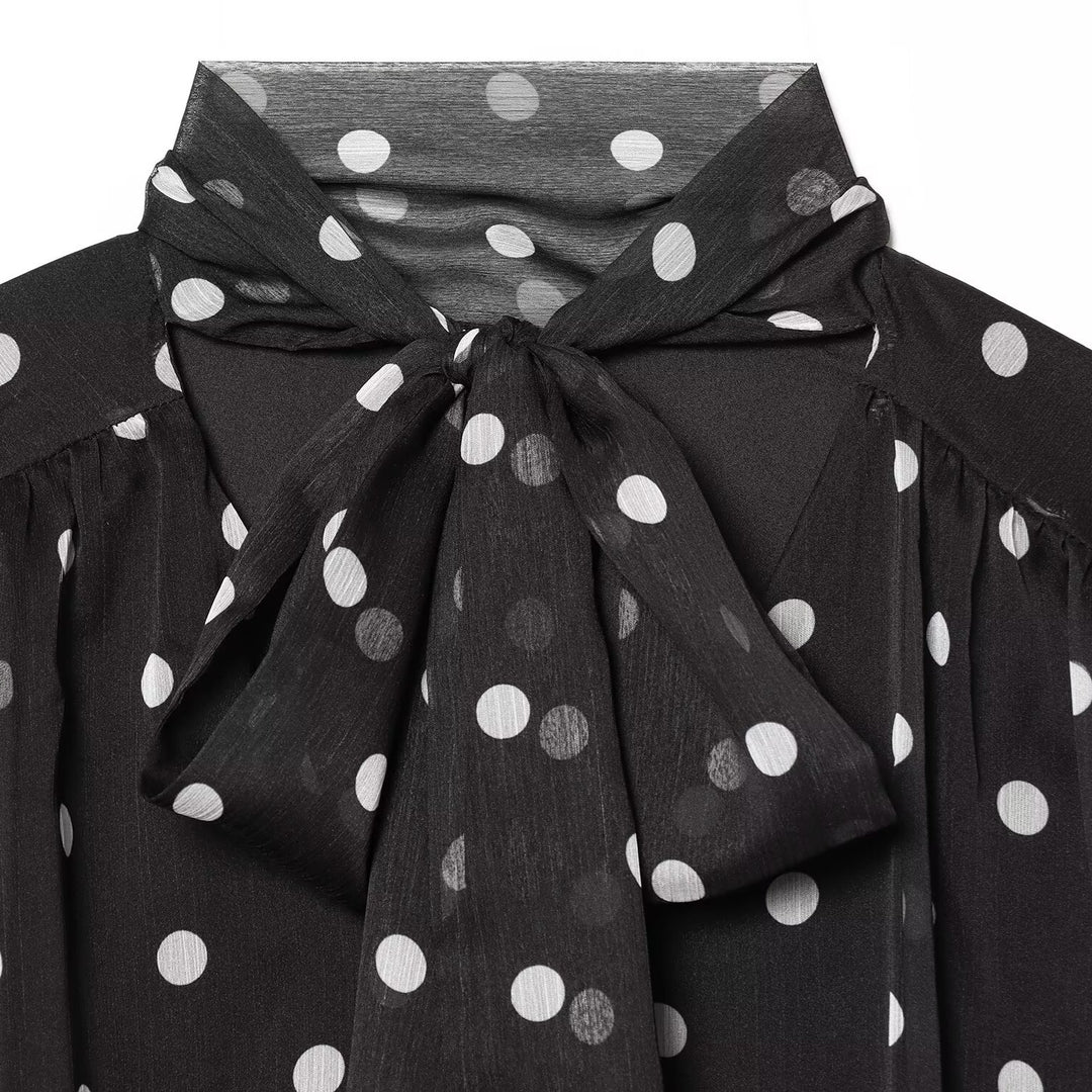 Damen transparente Bluse mit Schleifenkragen im Polka-Dot-Design Drune