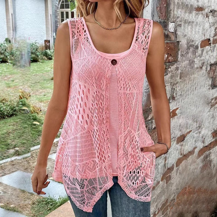 Damen nan gehäkeltes A-Linien-Oberteil mit asymmetrischem Zipfelsaum und integriertem Jersey-Untertop Drune