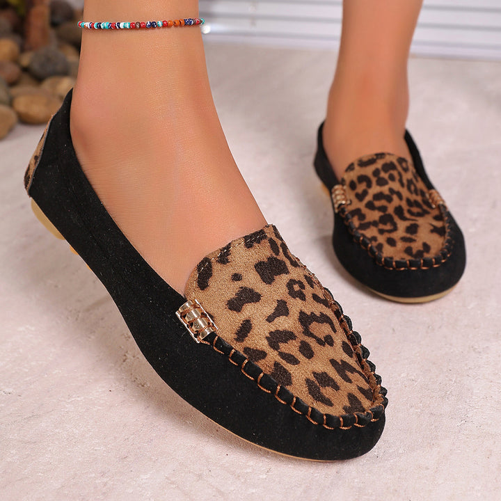 Damen nan Mokassin-Loafer mit Leopardenmuster, dekorativer Ziernaht und flexibler Noppenlaufsohle Drune