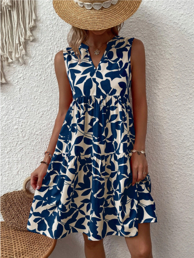 Damen luftiges ärmelloses Sommerkleid mit floralen Mustern und weitem Schnitt Drune