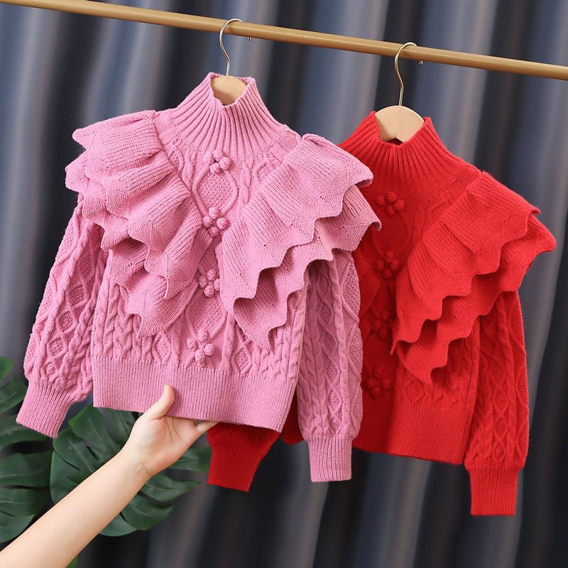 Damen Strickpullover mit Rüschen und Zopfmuster Drune