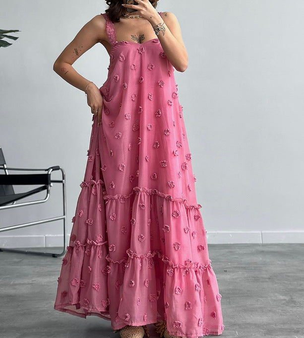 Damen Maxikleid mit Rüschen und floralen Applikationen Drune