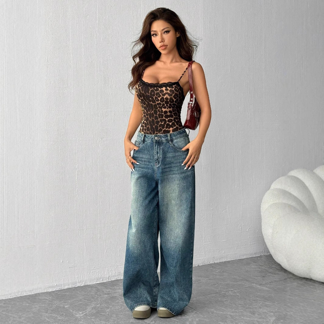 Damen Spitzen-Bodys mit Leopardenmuster Drune