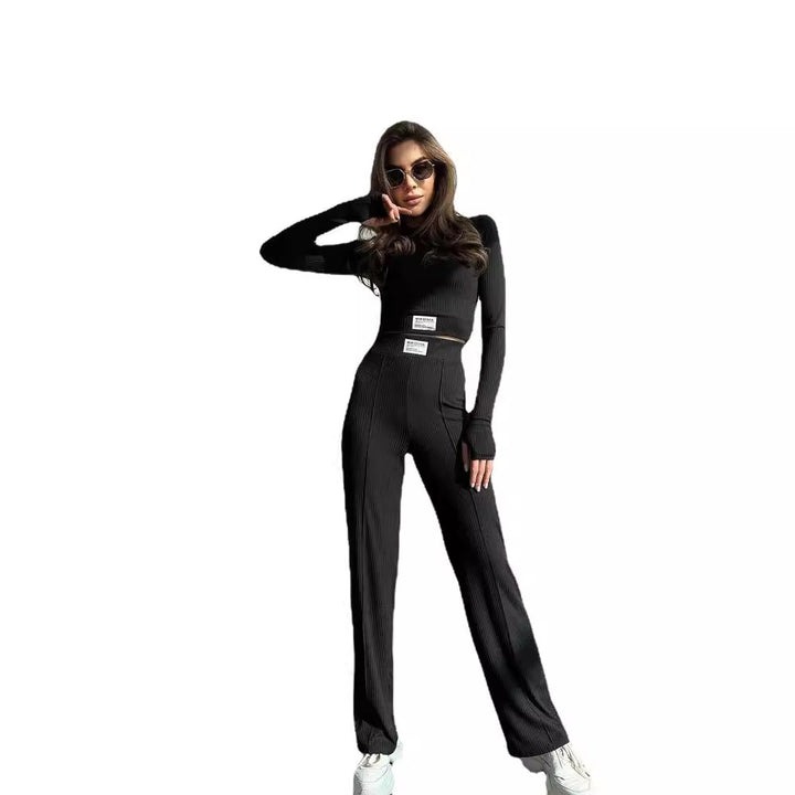 Damen Elegantes langärmeliges Oberteil mit passender Hose im Rippdesign Drune