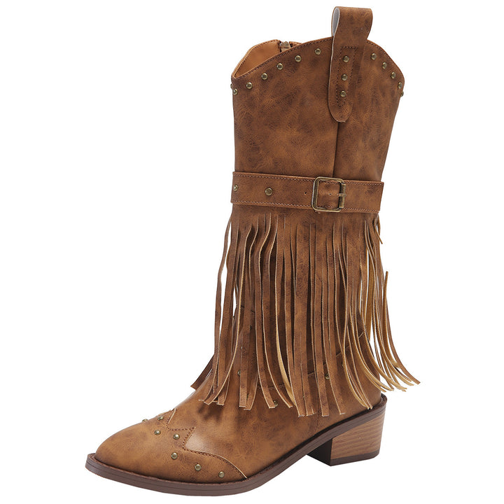 Damen nan Westernstiefel mit Fransen Nieten und Schnallenriemen Drune