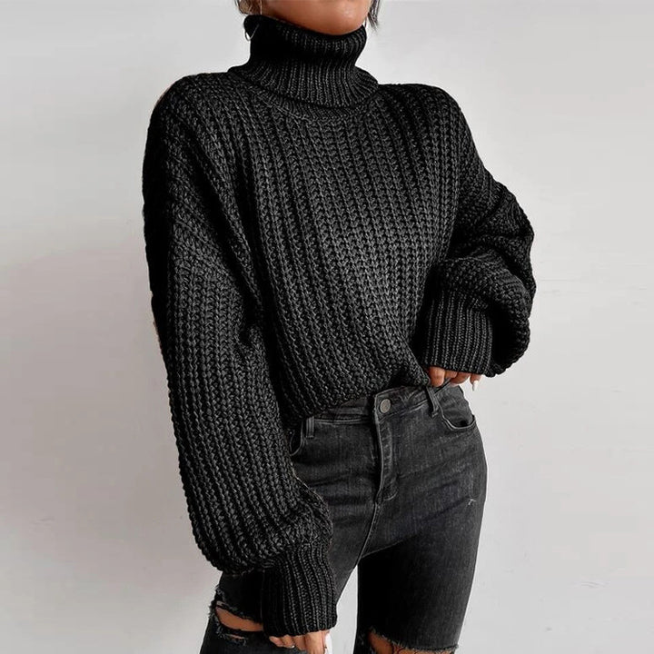 Damen Grob gestrickter Pullover mit hohem Kragen und weit ausgestellten Ärmeln Drune