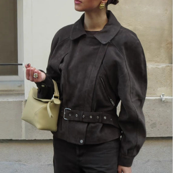 Damen modische Wildlederjacke mit Taillengürtel und asymmetrischem Reißverschluss Drune