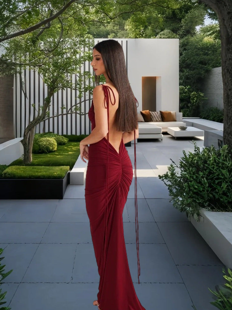 Damen Elegantes Rückenfreies Maxikleid mit raffinierten Bindebändern Drune