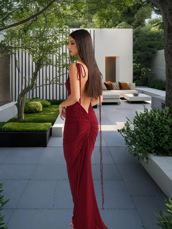 Damen Elegantes Rückenfreies Maxikleid mit raffinierten Bindebändern Drune