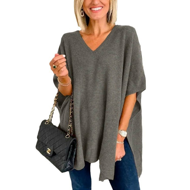 Damen lässiger Strickponcho mit V-Ausschnitt und überschnittenen Ärmeln Drune