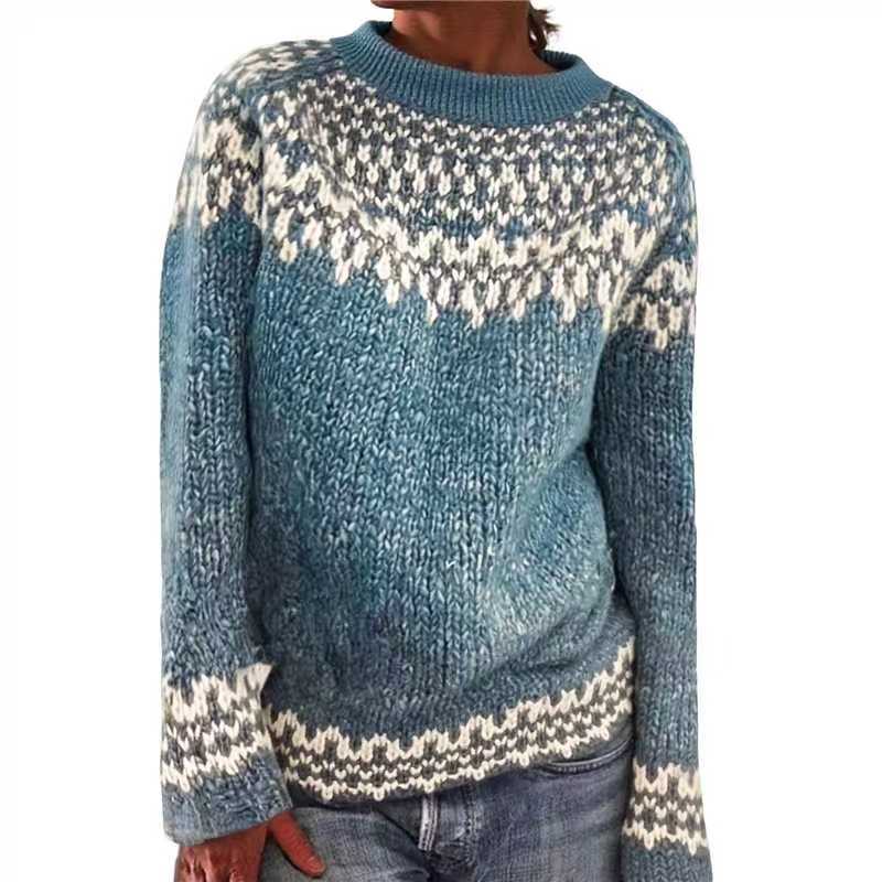 Damen nan melierter Rundhalsausschnittpullover mit kreisförmigem Jacquard-Yoke und geripptem Saum Drune