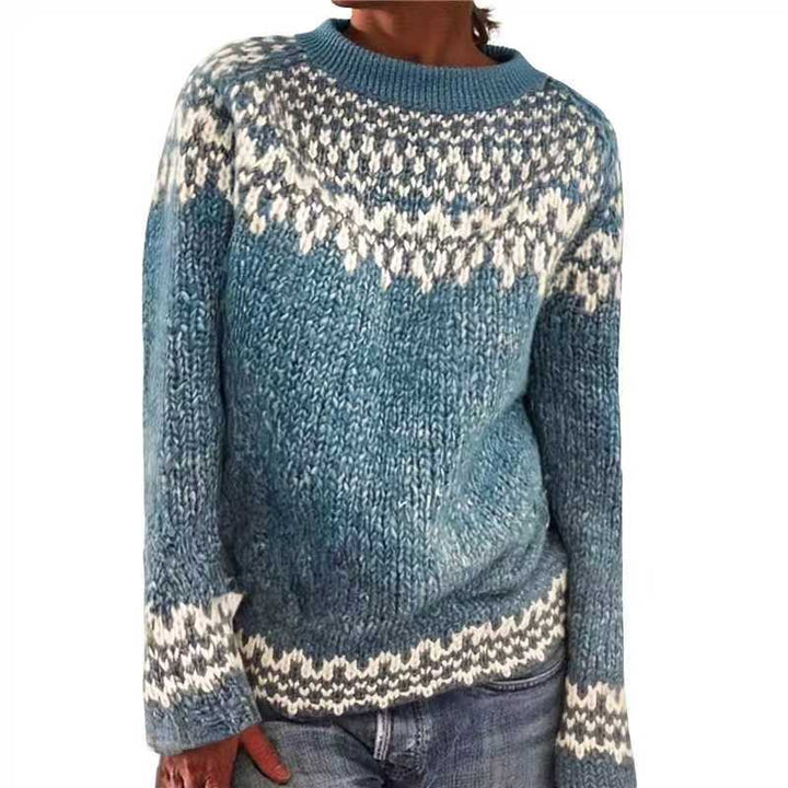 Damen nan melierter Rundhalsausschnittpullover mit kreisförmigem Jacquard-Yoke und geripptem Saum Drune
