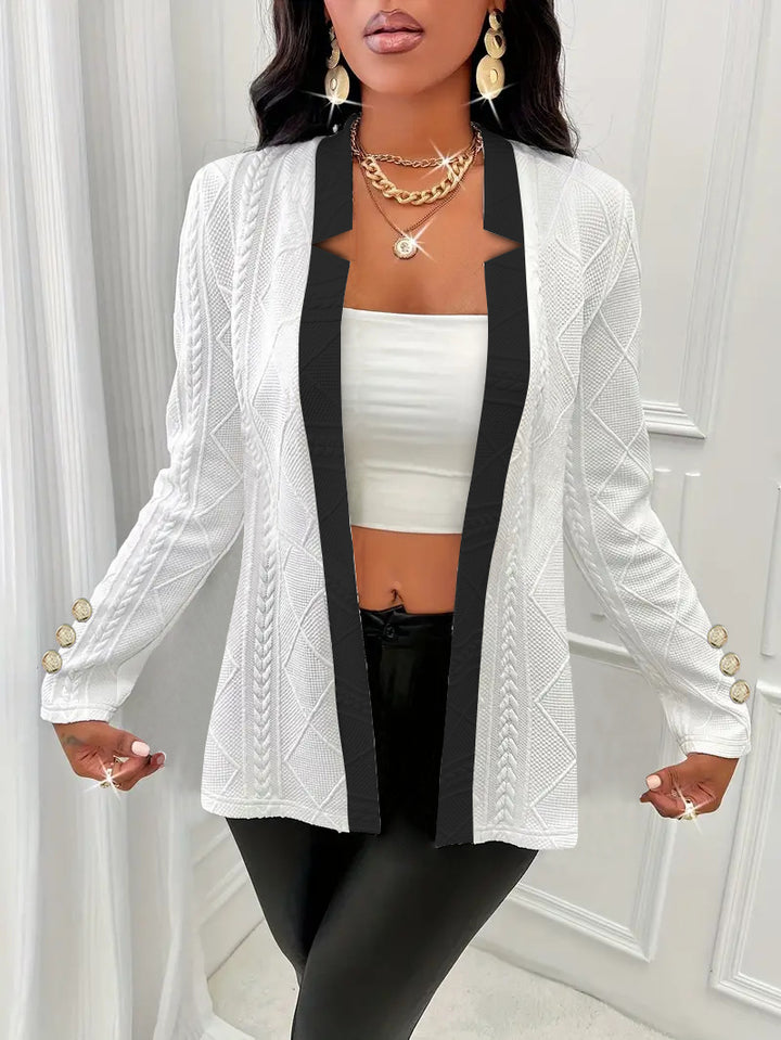 Damen Elegante Strickblazerjacke mit kontrastreichem Revers und einzigartiger Knopfdetails Drune