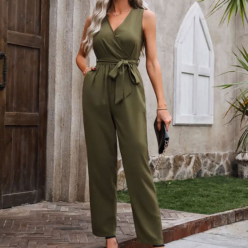 Damen eleganter Wickel-Jumpsuit mit Taillengürtel Drune
