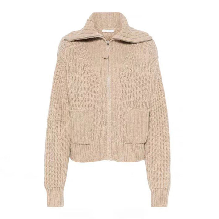 Damen Grobstrickpullover mit hohem Kragen und praktischen Taschen Drune