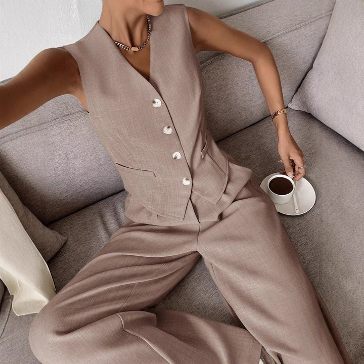 Damen Eleganter Anzug mit ärmellosem Blazer und weiten Hosen Drune