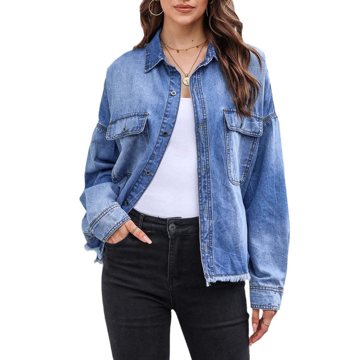 Damen Lässige Denim-Hemdjacke mit fransigen Bündchen und praktischen Taschen Drune