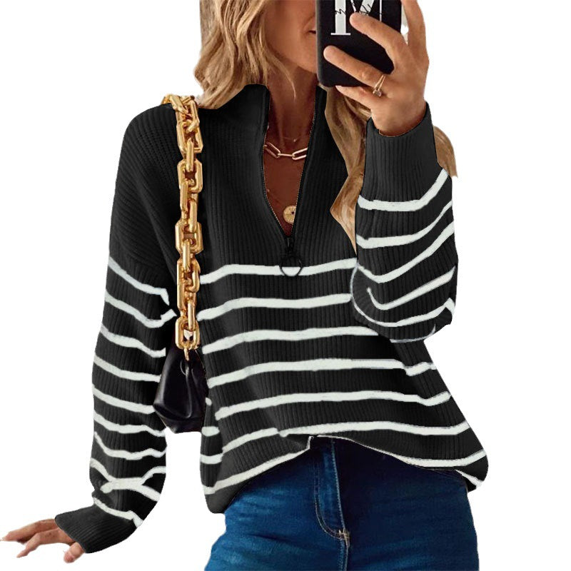 Damen lässiger Pullover mit kurzem Reißverschluss und Streifenmuster Drune