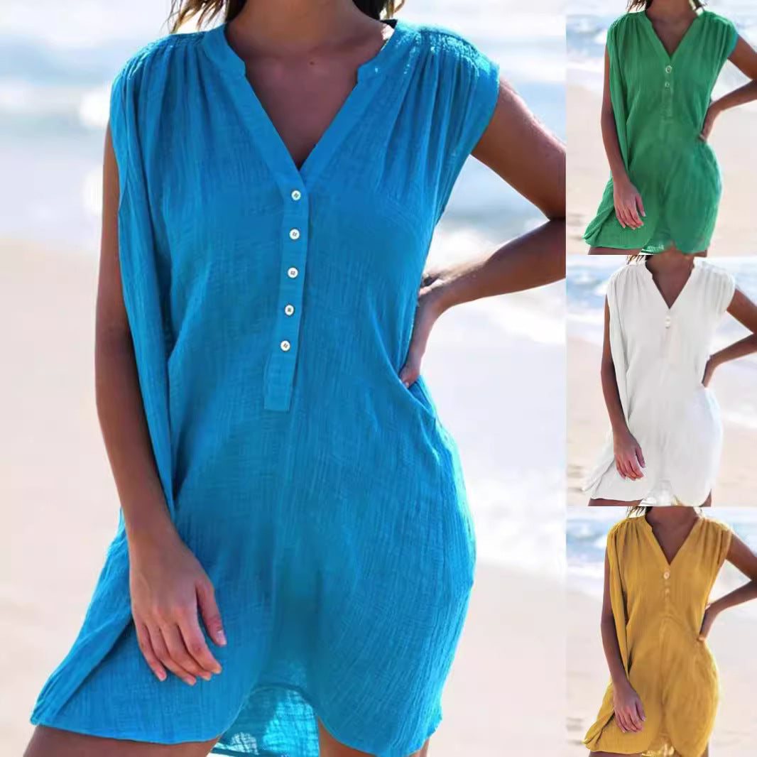Damen Sommerliches Strandkleid mit kurzer Knopfleiste und V-Ausschnitt Drune