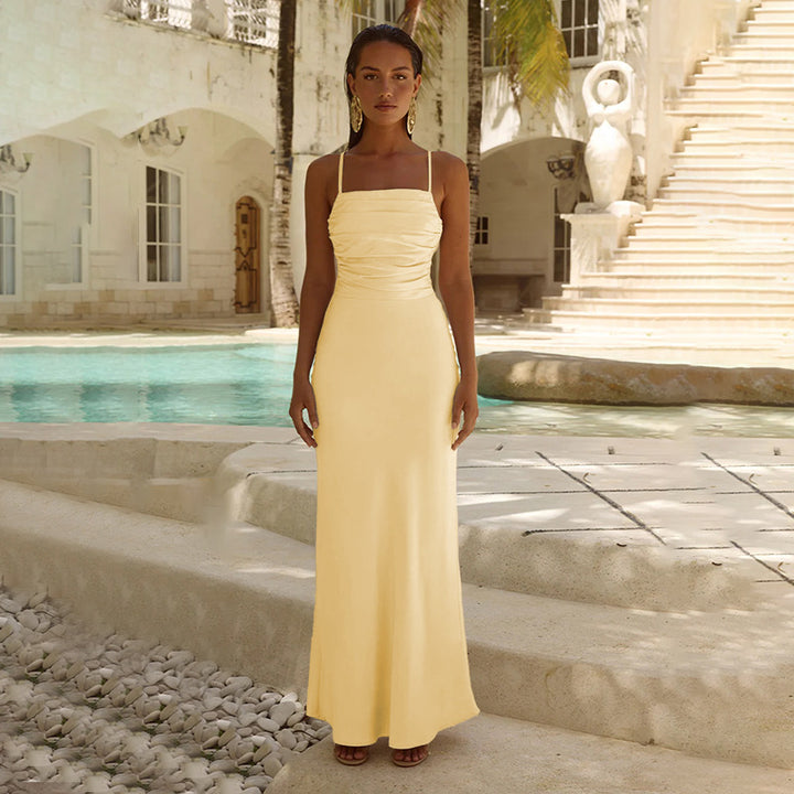 Damen elegantes Maxikleid mit raffiniertem Raffung und verstellbaren Spaghettiträgern Drune