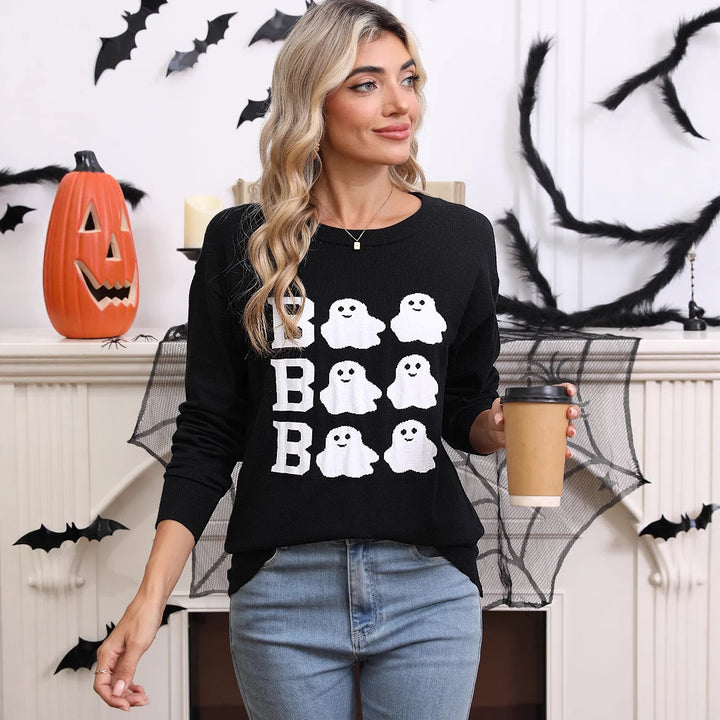 Damen Gestrickter Halloween-Pullover mit Geistermotiv und weitem Schnitt Drune