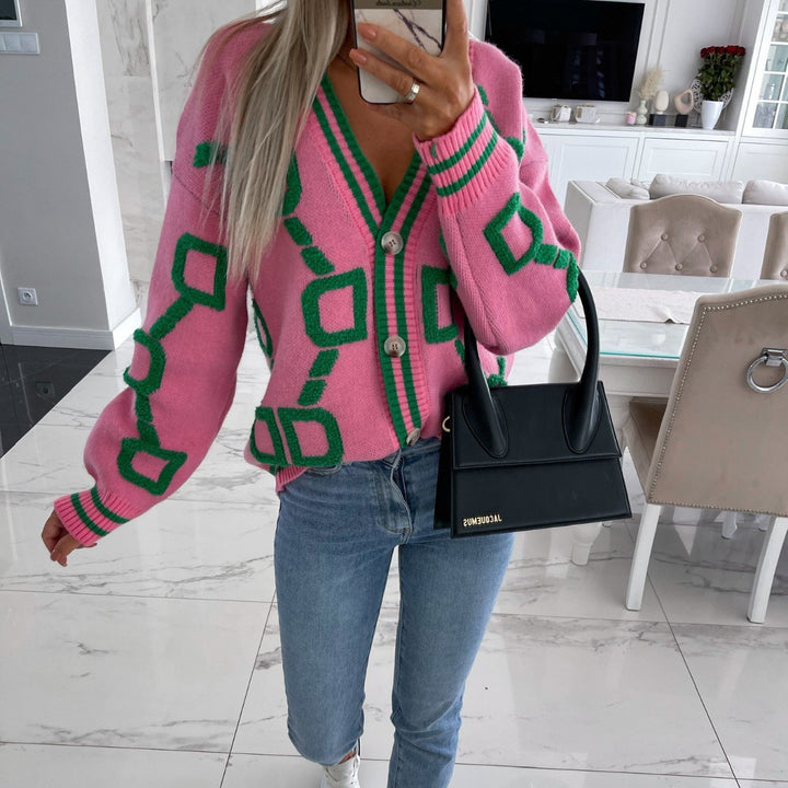 Damen Strickjacke mit grafischem Muster und V-Ausschnitt Drune