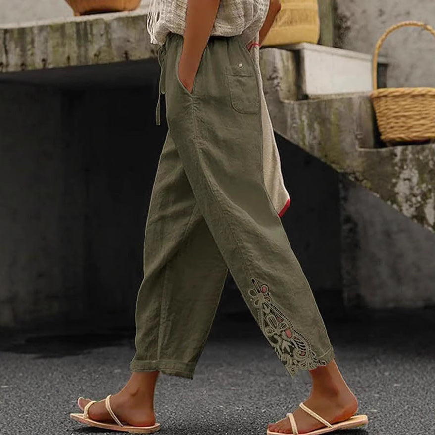 Damen Leichte und luftige Sommerhose im Boho-Stil mit Stickerei Drune