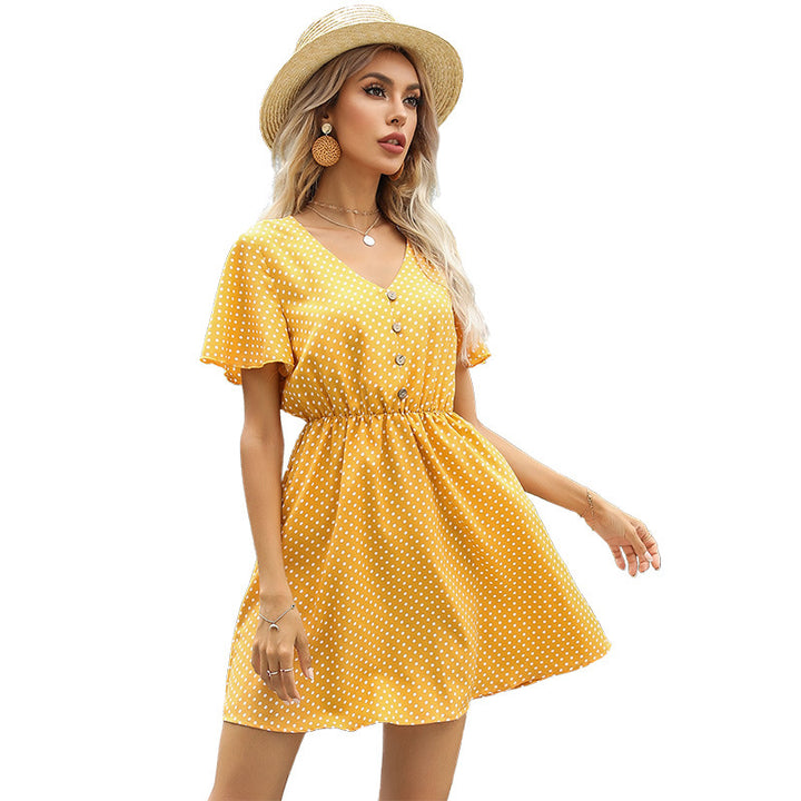 Damen Polka-Dot Kleid mit elastischem Taillenzug und eleganten Knopfdetails Drune