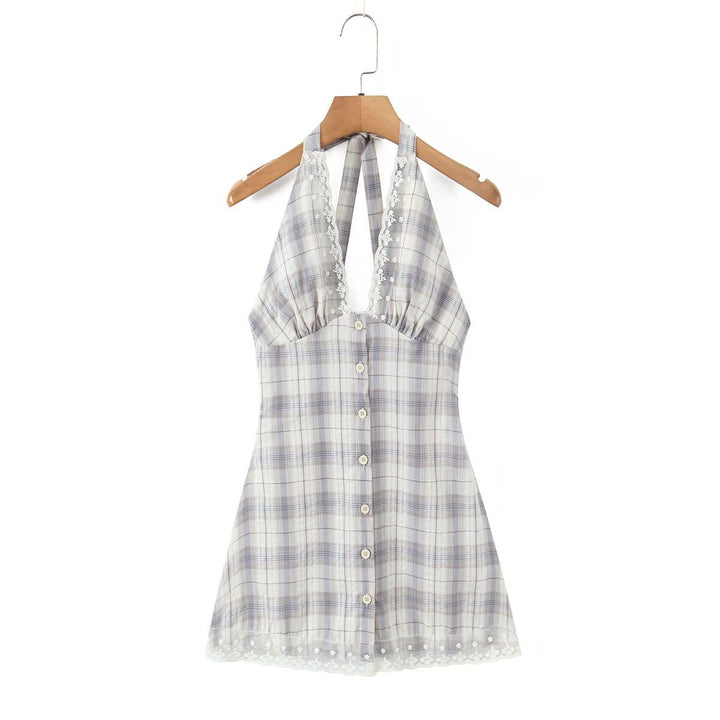 Damen Halterkleid mit floralem Spitzenbesatz und Knopfleiste Drune