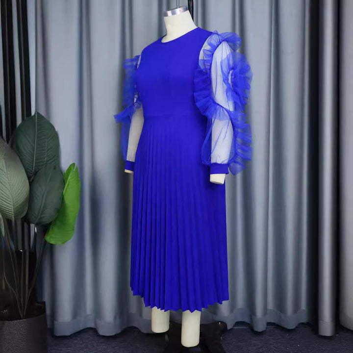Damen plissiertes Kleid mit voluminösen Tüllärmeln Drune