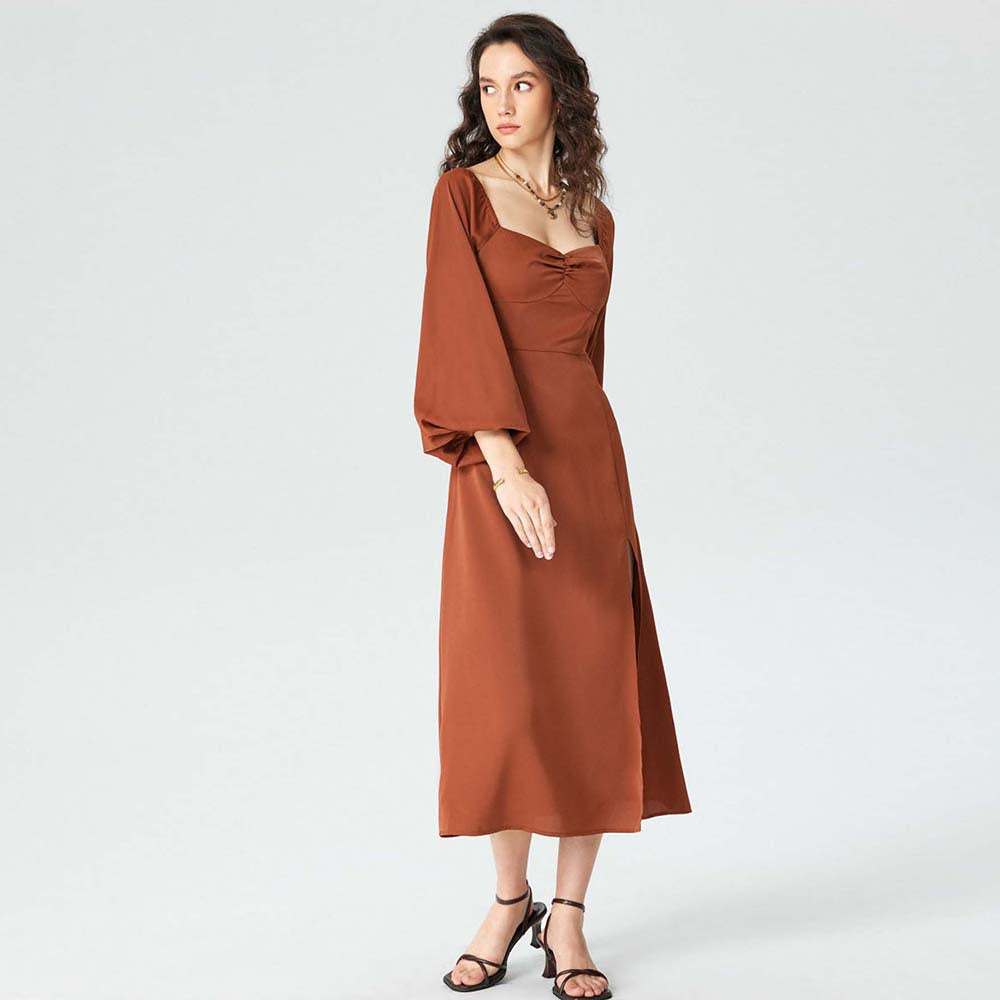 Damen Midi-Kleid mit raffinierten Puffärmeln und hohem Schlitz Drune