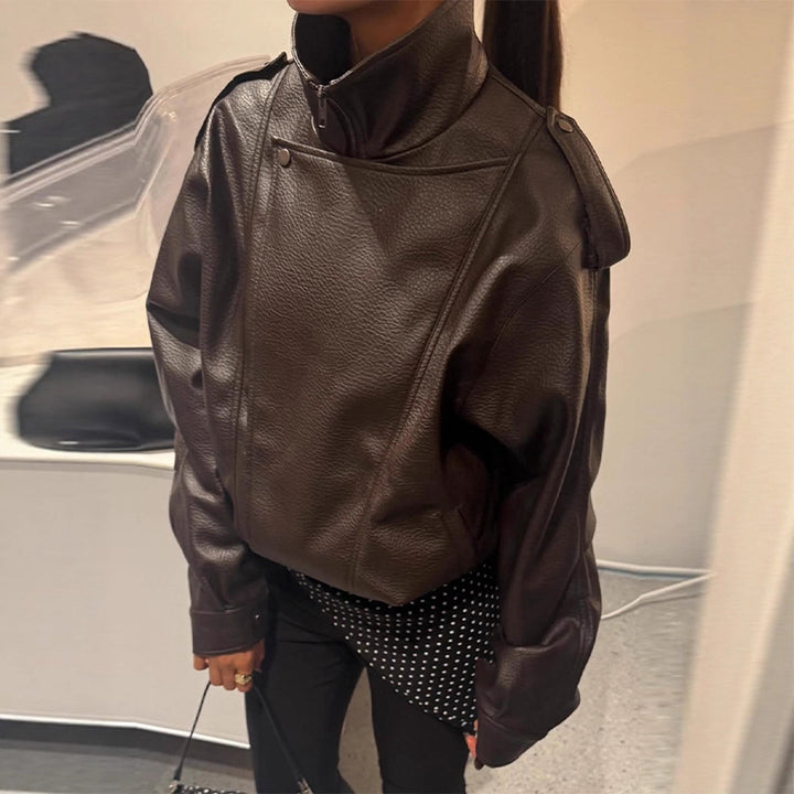 Damen Oversized Kunstlederjacke mit hohem Kragen und voluminösen Ärmeln Drune