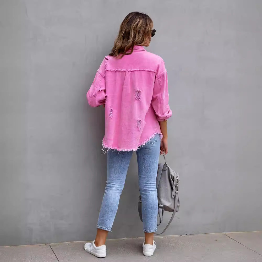 Damen stylische Oversized Jeansjacke mit distressed Effekt Drune